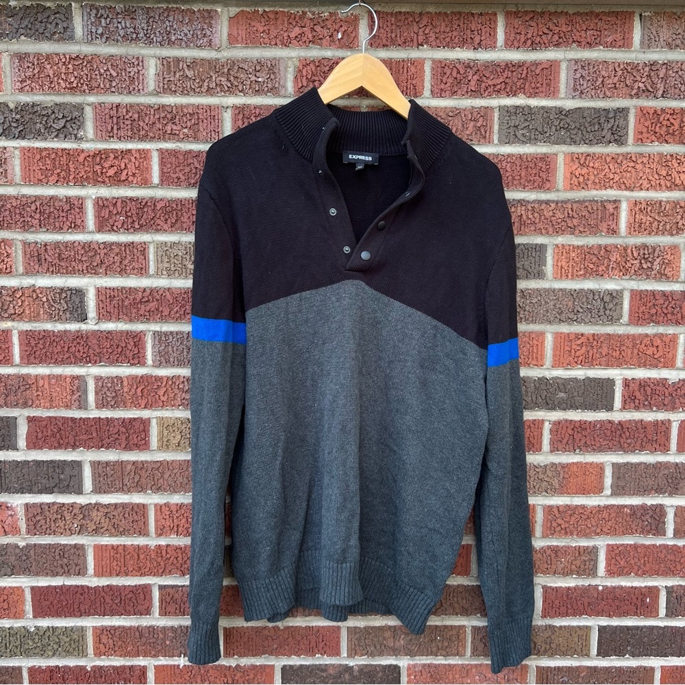 Express Black Gray and Blue Color Block Striped 1/4 Button Pullover Sweater